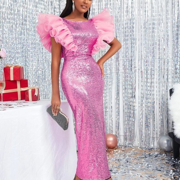 Pink Boho Womens Ruffle Trim Contrast Mesh Sequins Dress - Picture 5 of 5